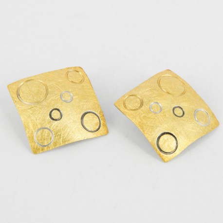 Earclips Quadrat Silver Goldplated with circular motives in 3 colours - 21370-B