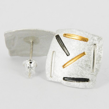 Earstickers Silver Square Silver Goldpalted and oxidized - 21465