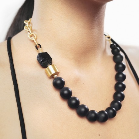 Collar Onyx y Plata chapado en Oro