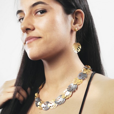 Collar Diseño  Hojas Plata chapado Oro y óxido
