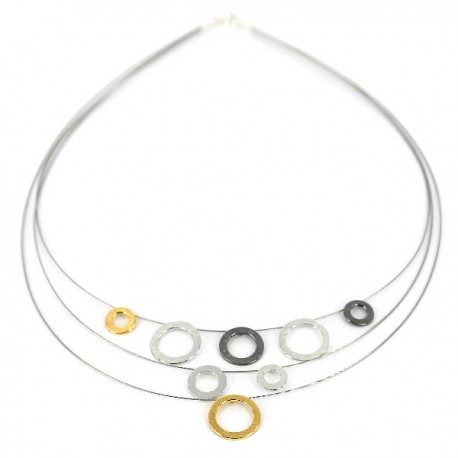 Halskette Stahl und Silber  (3x10,12,16,3x18mm) Silber vergoldet, oxidiert und versilbert