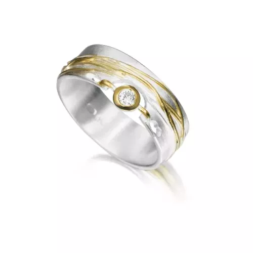 Design-Ring aus Silber mit vergoldeten Details und 3-mm-Zirkonia