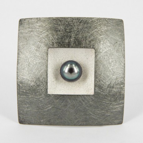 Brooch-Pendant Square 50 x 50 mm Silver rthinized with black cultivized Pearl - 25214