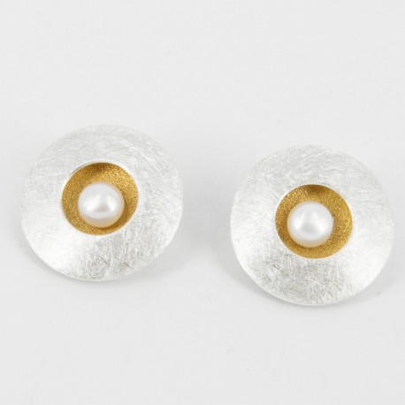 Pendientes de clip Plata chapados en Oro con Perla. Forma redonda de 50 mm de diametro - 25323