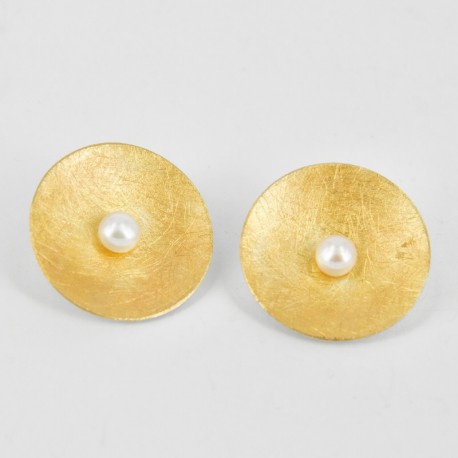 Earclips Silver Goldplated with Pearl. Form: rund (28 mm) - 25334