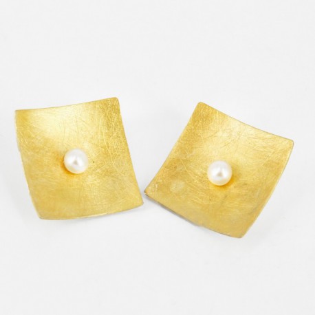Pendientes clip  Plata chapado en Oro y Perla forma cuadrada (26 x 26 mm) - 25335
