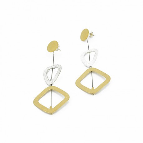 Pendientes presion con base circular y elementos geometricos de Plata chapada en Oro enlazados con a - ZW32F