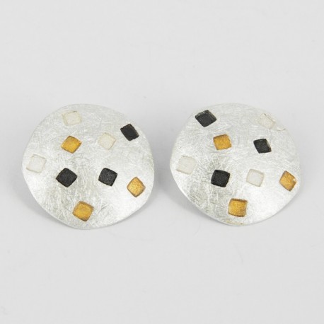 Earrings Clips round Silver oxidized, Goldplated  - 21314